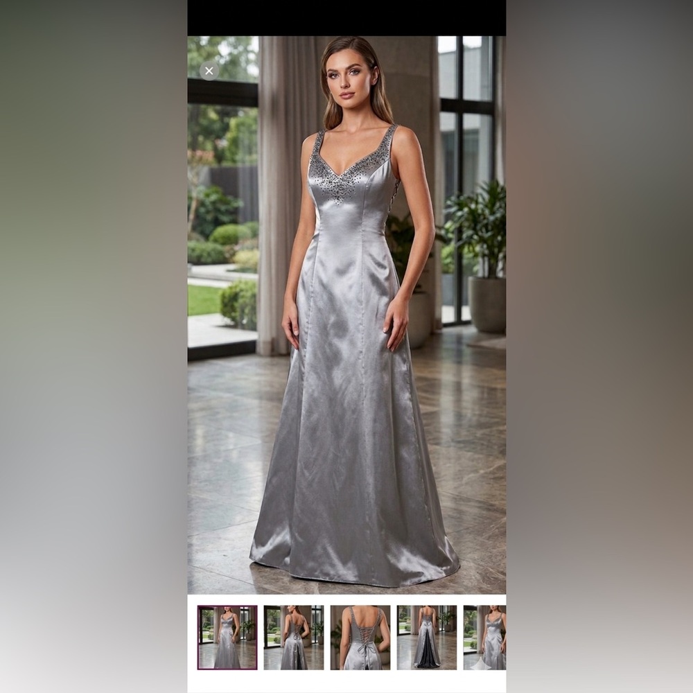 Morgan & Co. Silver Beaded Satin Prom Gown freeshipping